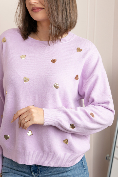 Pulover lila Riley cu inimioare din paiete aurii [2]