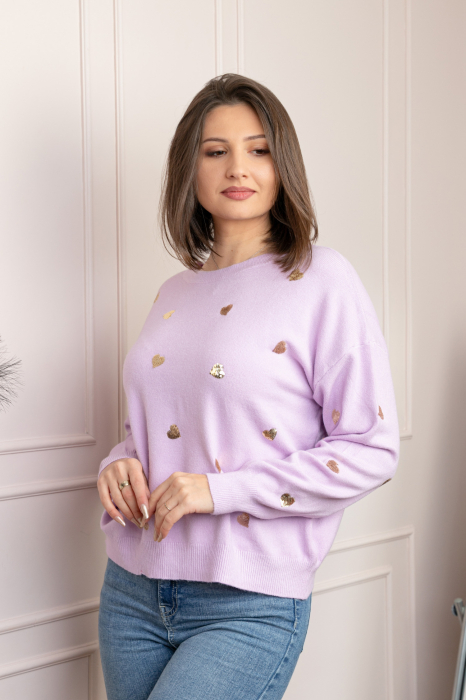 Pulover lila Riley cu inimioare din paiete aurii [3]