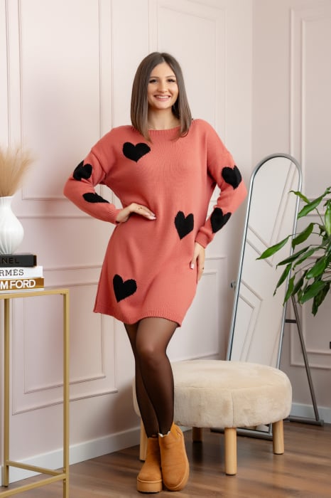 Pulover lung corai cu inimioare negre [4]