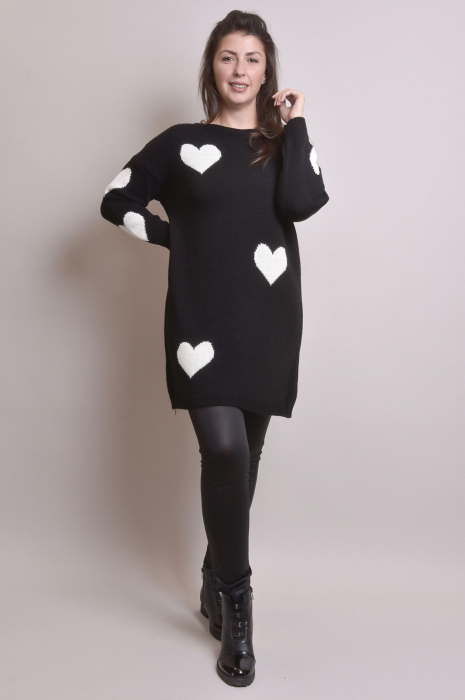 Pulover lung negru cu inimioare albe [6]