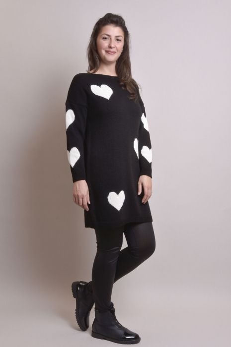Pulover lung negru cu inimioare albe [7]