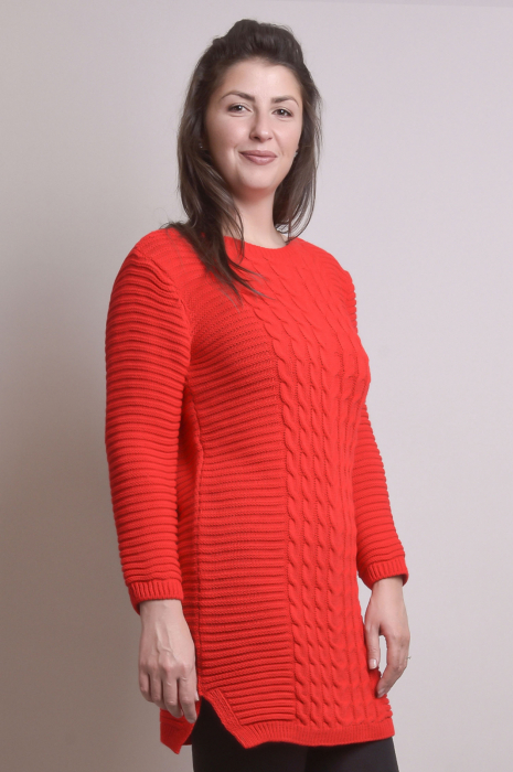 Pulover lung rosu cu model impletit [3]