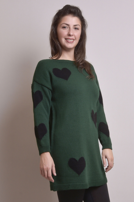 Pulover lung verde cu inimioare negre [3]