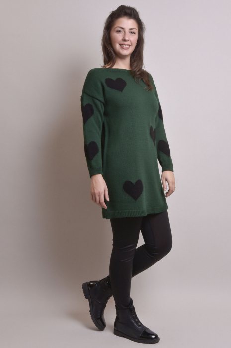 Pulover lung verde cu inimioare negre [6]