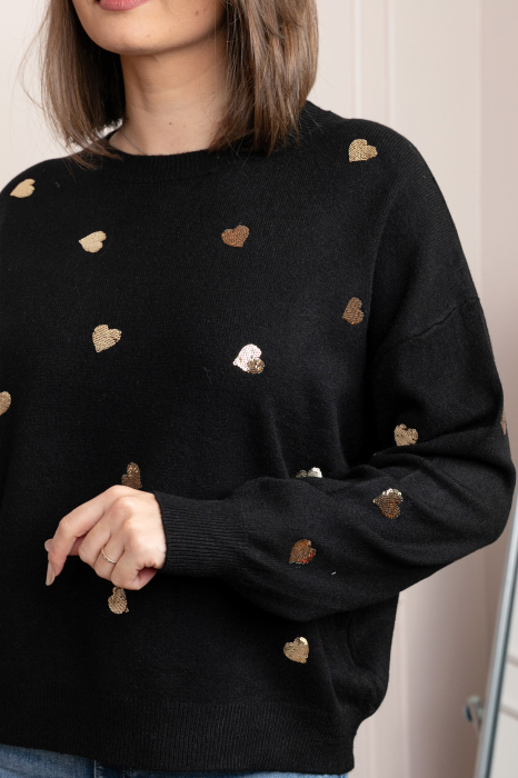 Pulover negru Riley cu inimioare din paiete aurii [2]