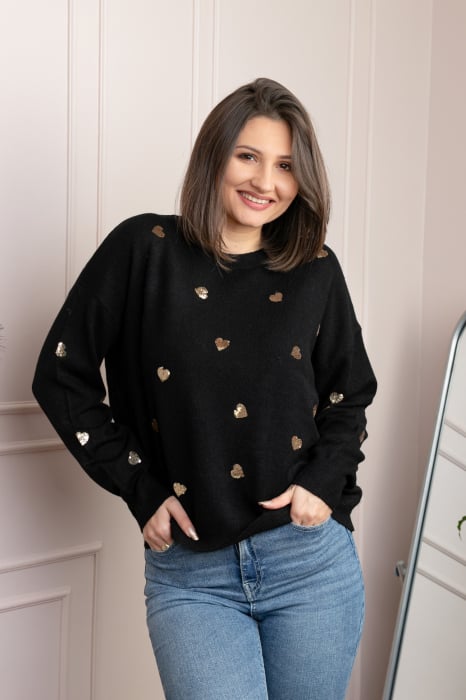 Pulover negru Riley cu inimioare din paiete aurii