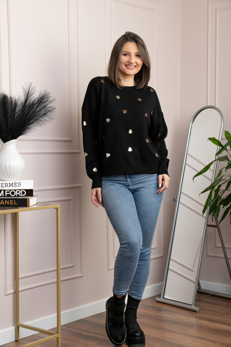 Pulover negru Riley cu inimioare din paiete aurii [4]