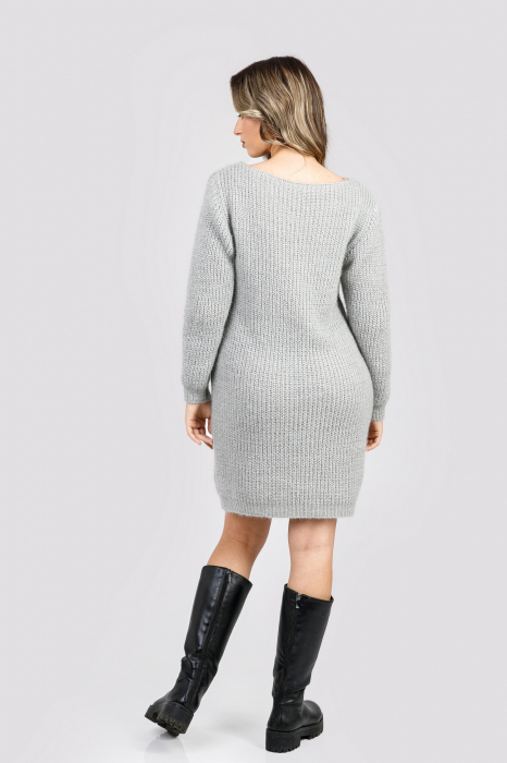 Pulover pufos gri tip rochie cu decolteu barcuta [3]
