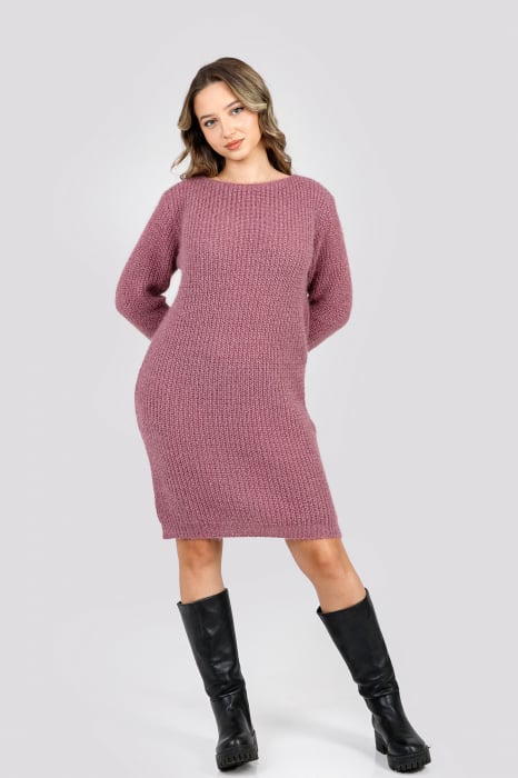 Pulover pufos roz pudrat tip rochie cu decolteu barcuta [4]