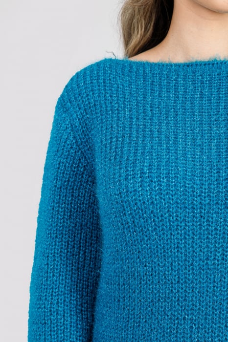 Pulover pufos turcoaz tip rochie cu decolteu barcuta [2]