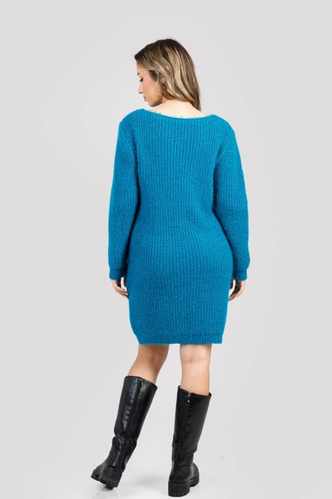 Pulover pufos turcoaz tip rochie cu decolteu barcuta [3]