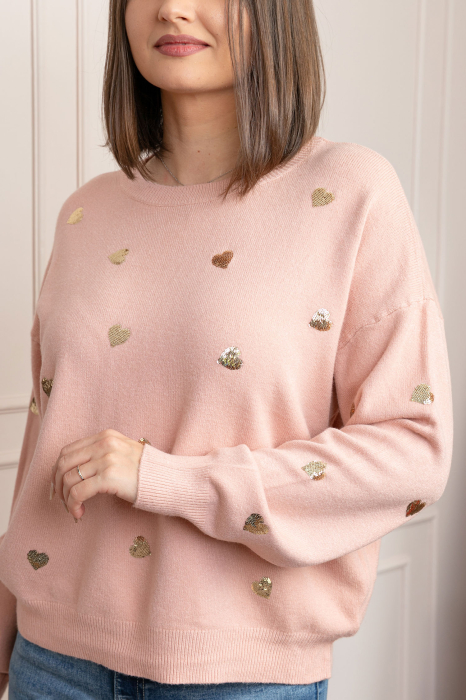 Pulover roz pudrat Riley cu inimioare din paiete aurii [2]