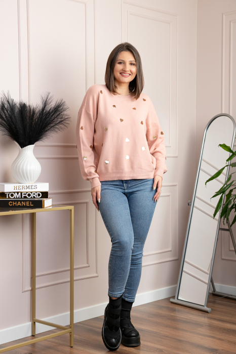 Pulover roz pudrat Riley cu inimioare din paiete aurii [4]