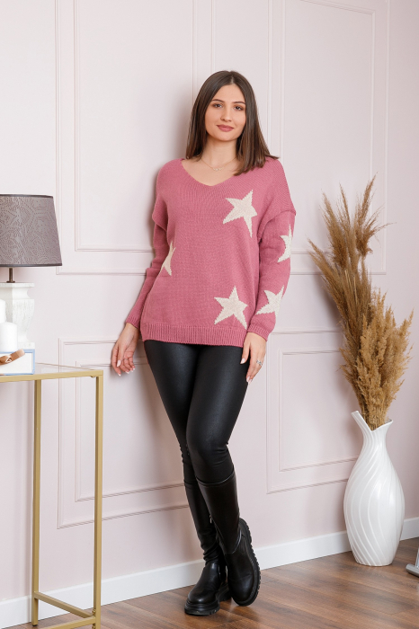 Pulover Stella roz cu stelute si decolteu in V [4]