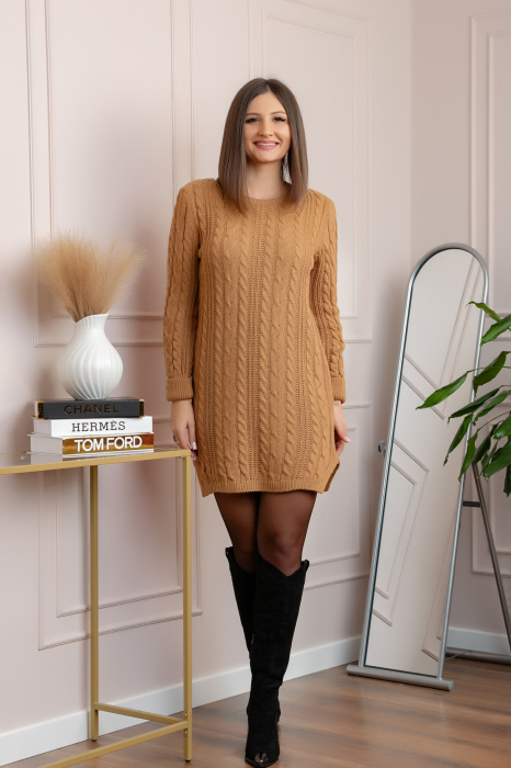 Pulover tip rochie din tricot cu decolteu rotund Monica - Bej [4]