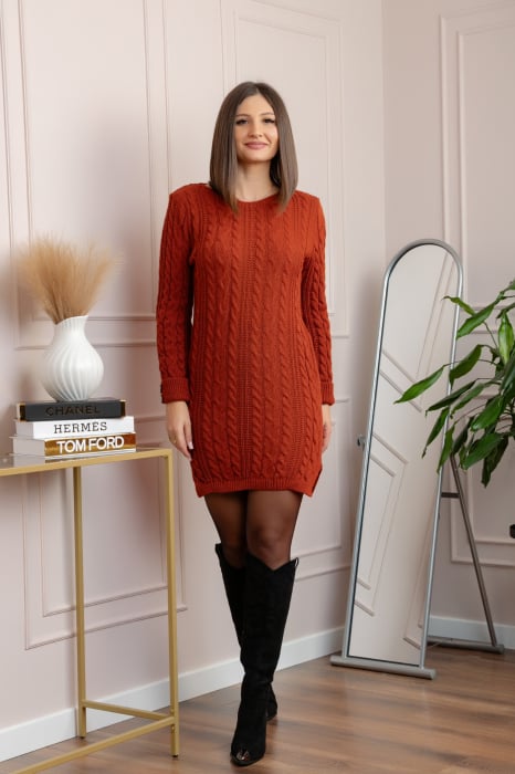 Pulover tip rochie din tricot cu decolteu rotund Monica - Caramiziu [4]