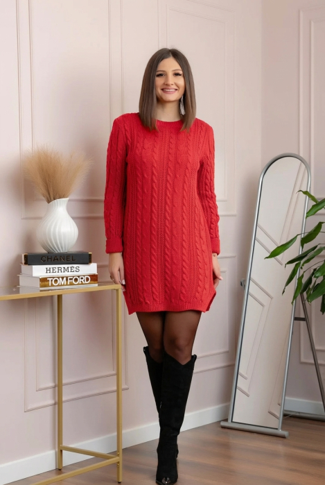 Pulover tip rochie din tricot cu decolteu rotund Monica - Rosu [4]