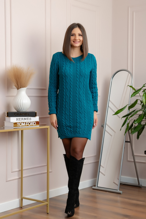 Pulover tip rochie din tricot cu decolteu rotund Monica - Turcoaz [4]