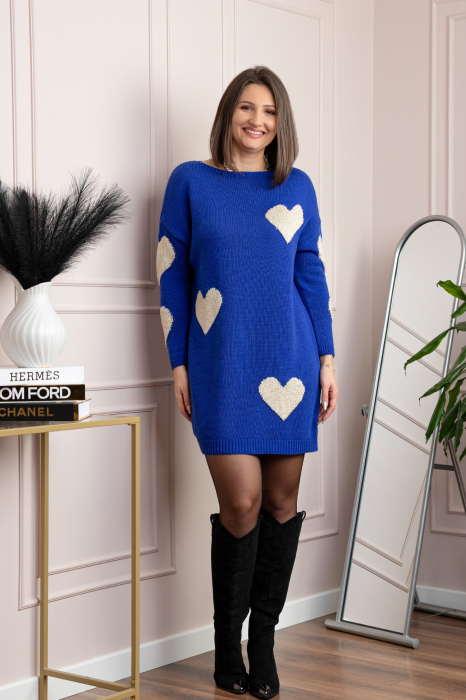 Pulover tip rochie Taylor cu inimioare aurii din fir lame - Albastru [4]