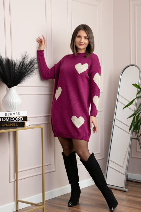 Pulover tip rochie Taylor cu inimioare aurii din fir lame - Fuchsia