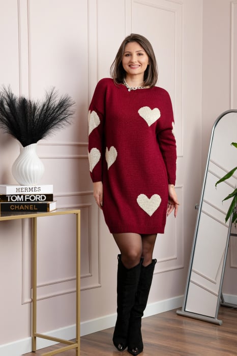 Pulover tip rochie Taylor cu inimioare aurii din fir lame - Grena [4]