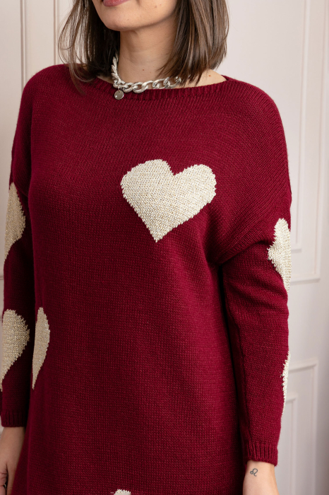 Pulover tip rochie Taylor cu inimioare aurii din fir lame - Grena [2]