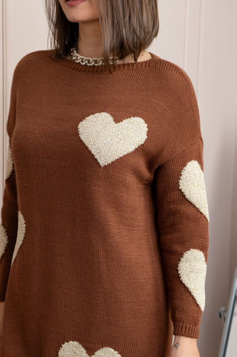 Pulover tip rochie Taylor cu inimioare aurii din fir lame - Maro [2]