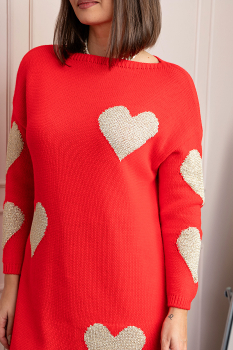 Pulover tip rochie Taylor cu inimioare aurii din fir lame - Rosu [2]