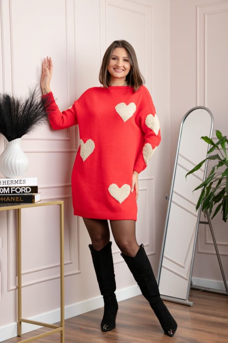 Pulover tip rochie Taylor cu inimioare aurii din fir lame - Rosu