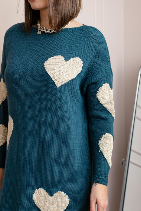 Pulover tip rochie Taylor cu inimioare aurii din fir lame - Turcoaz [2]