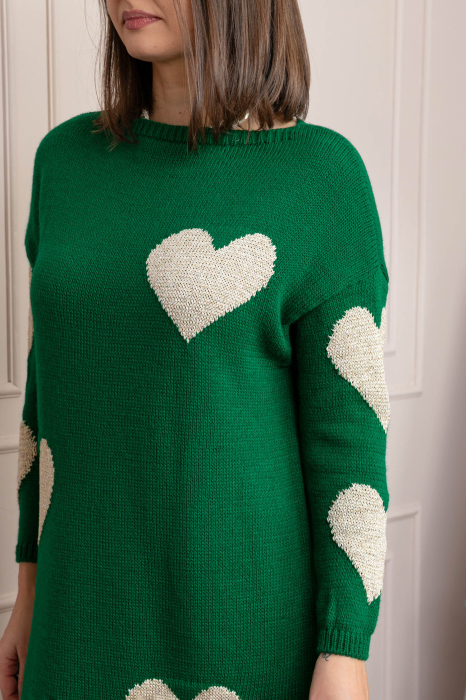 Pulover tip rochie Taylor cu inimioare aurii din fir lame - Verde [2]