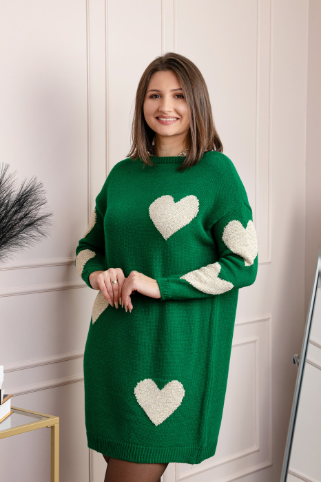 Pulover tip rochie Taylor cu inimioare aurii din fir lame - Verde [3]