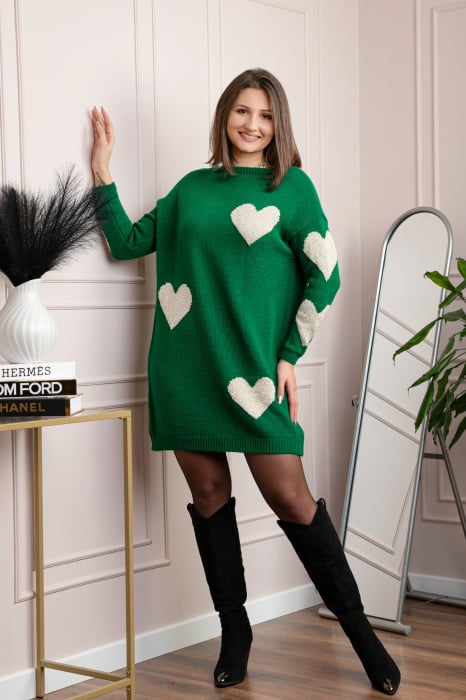 Pulover tip rochie Taylor cu inimioare aurii din fir lame - Verde