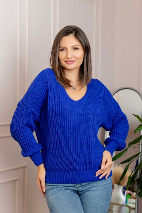 Pulover tricot gros Amy cu decolteu in V - Albastru [2]