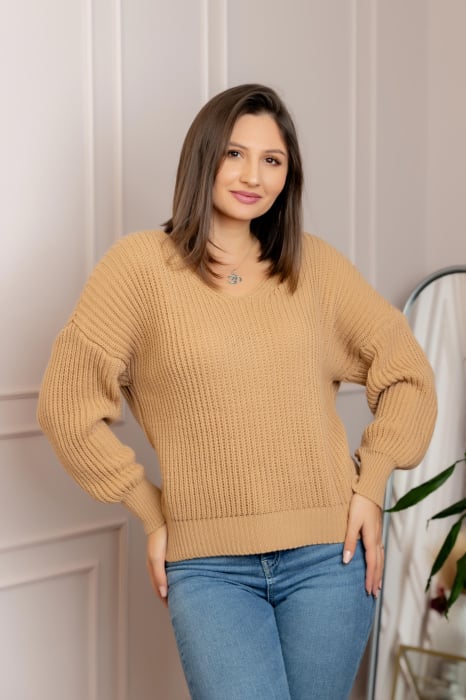 Pulover tricot gros Amy cu decolteu in V - Bej [2]