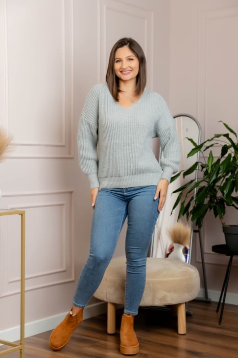 Pulover tricot gros Amy cu decolteu in V - Gri [4]