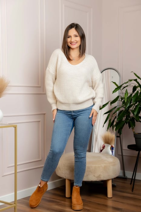 Pulover tricot gros Amy cu decolteu in V - Ivoire [4]
