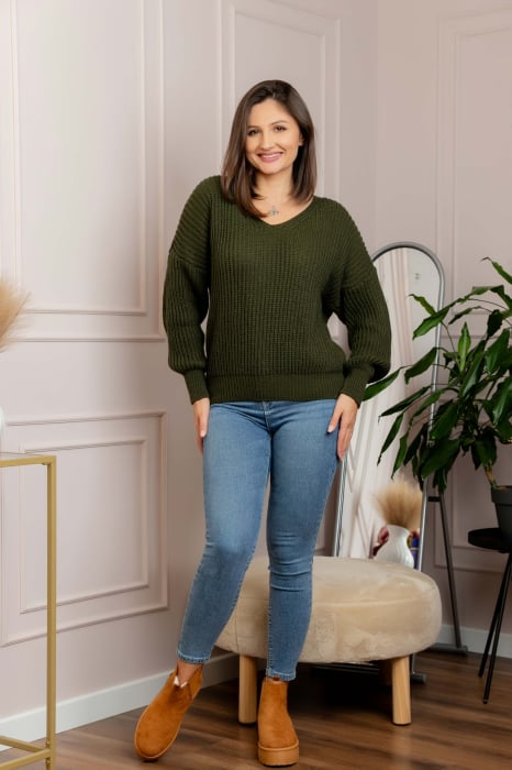 Pulover tricot gros Amy cu decolteu in V - Kaki [4]