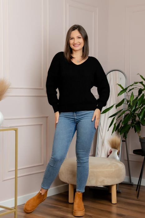Pulover tricot gros Amy cu decolteu in V - Negru [4]