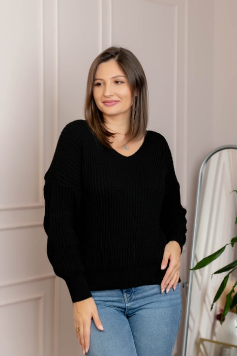 Pulover tricot gros Amy cu decolteu in V - Negru [3]