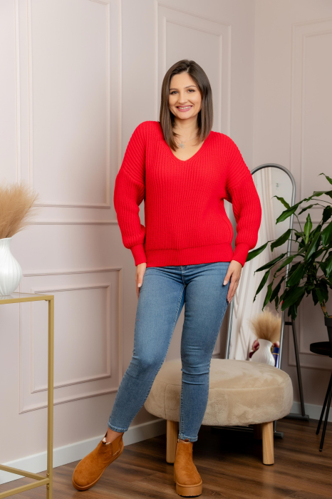Pulover tricot gros Amy cu decolteu in V - Rosu [4]
