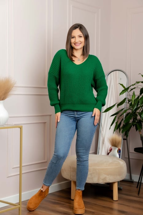 Pulover tricot gros Amy cu decolteu in V - Verde [4]