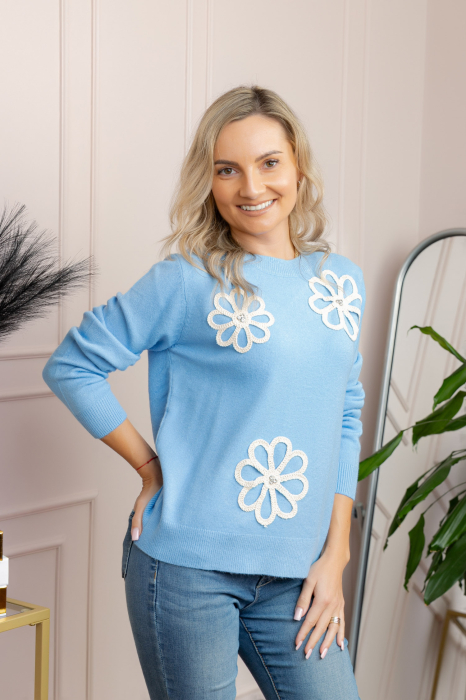 Pulover tricotat cu aplicatii florale Sally - Albastru [1]