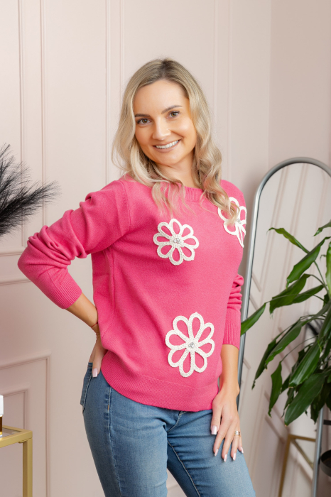 Pulover tricotat cu aplicatii florale Sally - Ciclam [1]