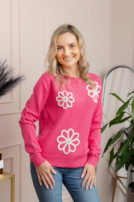 Pulover tricotat cu aplicatii florale Sally - Ciclam [3]
