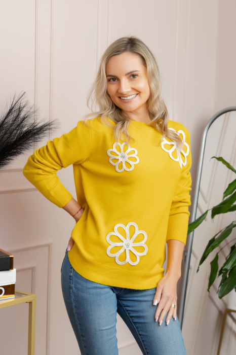 Pulover tricotat cu aplicatii florale Sally - Galben [1]