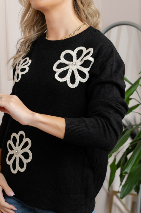 Pulover tricotat cu aplicatii florale Sally - Negru [2]