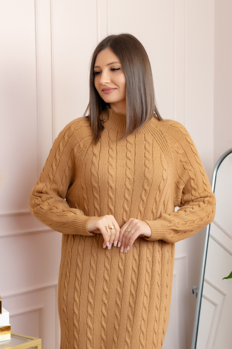 Pulover tricotat tip rochie Rachel cu maneci raglan - Camel [2]
