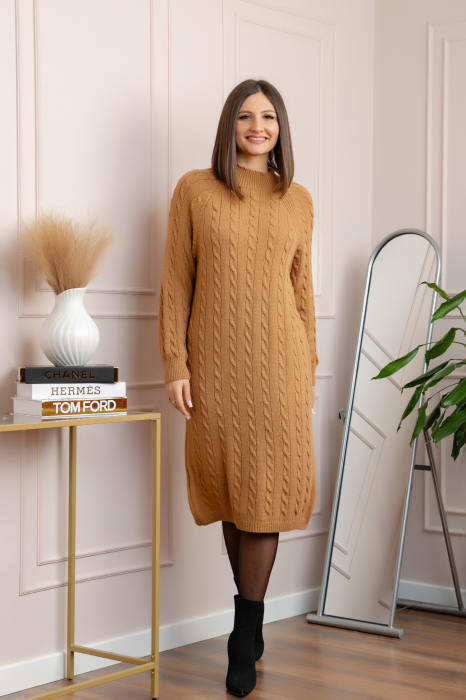 Pulover tricotat tip rochie Rachel cu maneci raglan - Camel