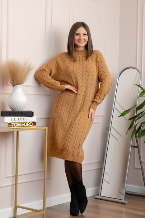 Pulover tricotat tip rochie Rachel cu maneci raglan - Camel [4]